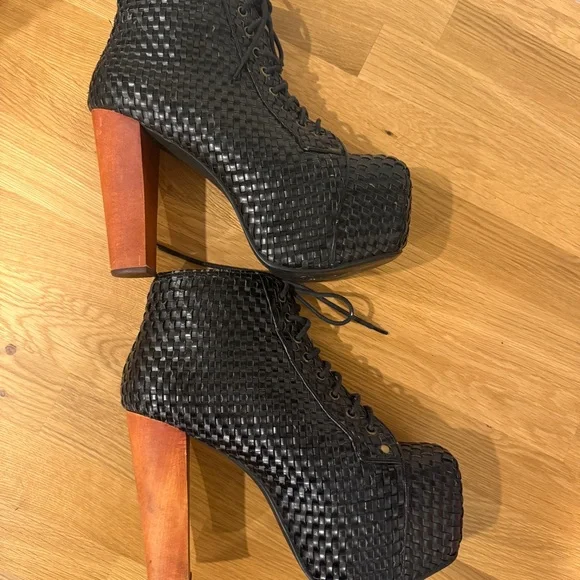 Jeffrey Campbell Black Woven Lita Lace-Up Platform Boots - Picture 11 of 14